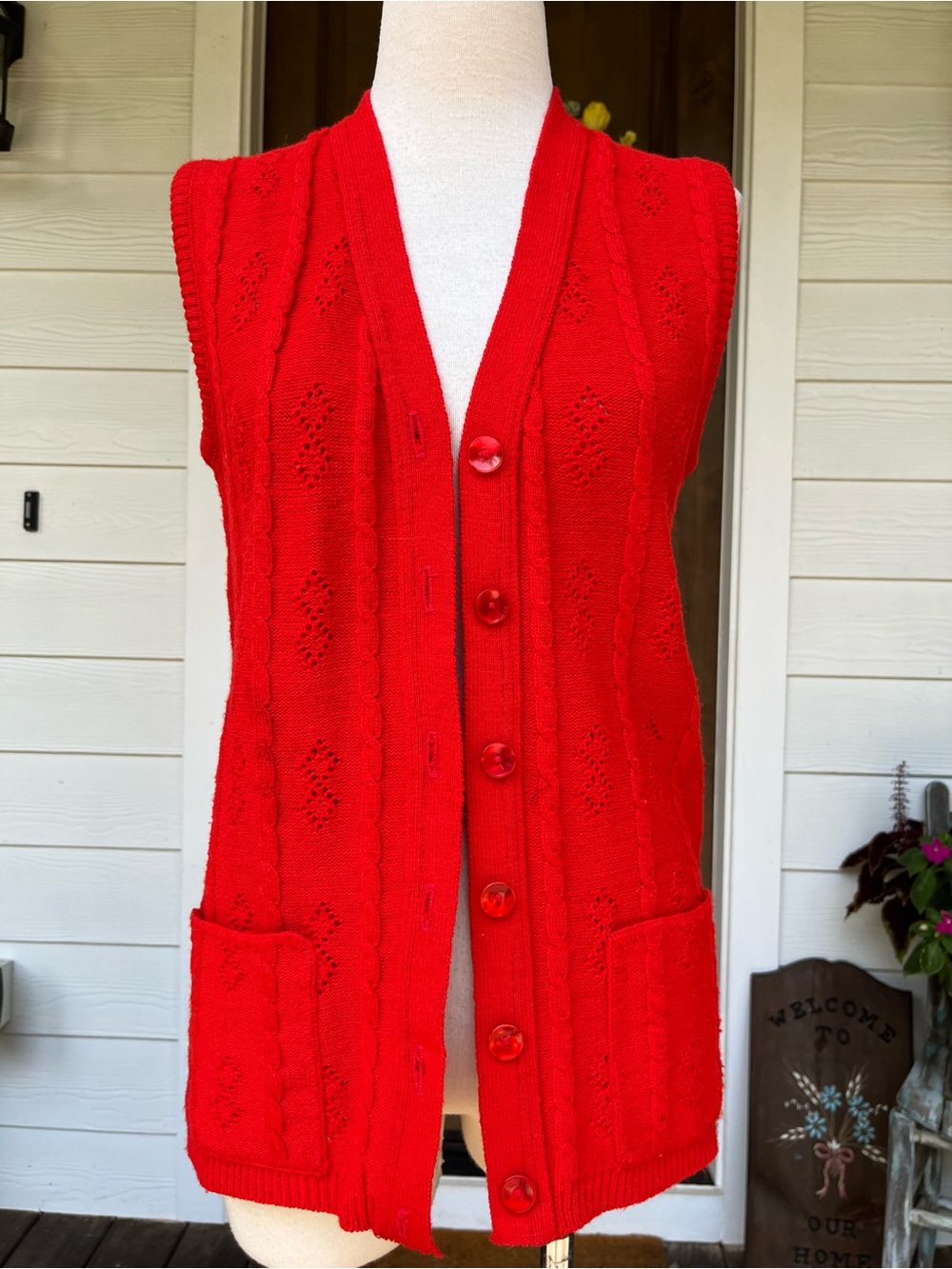 Vintage 60s 70s Red Knit Sweater Vest Button Down Longline Boho Textured